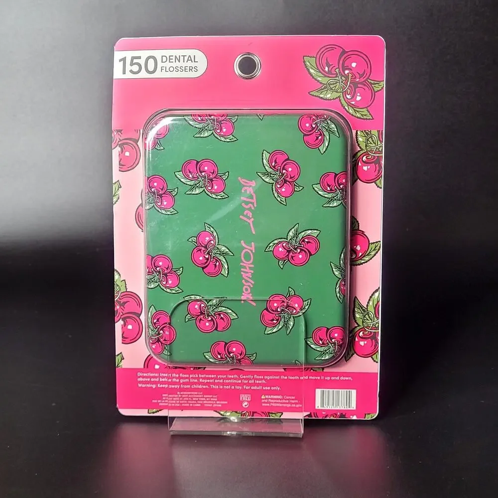 Betsey Johnson 150 Piece Dental Flossers Green Reusable Travel Tin Pink Cherries